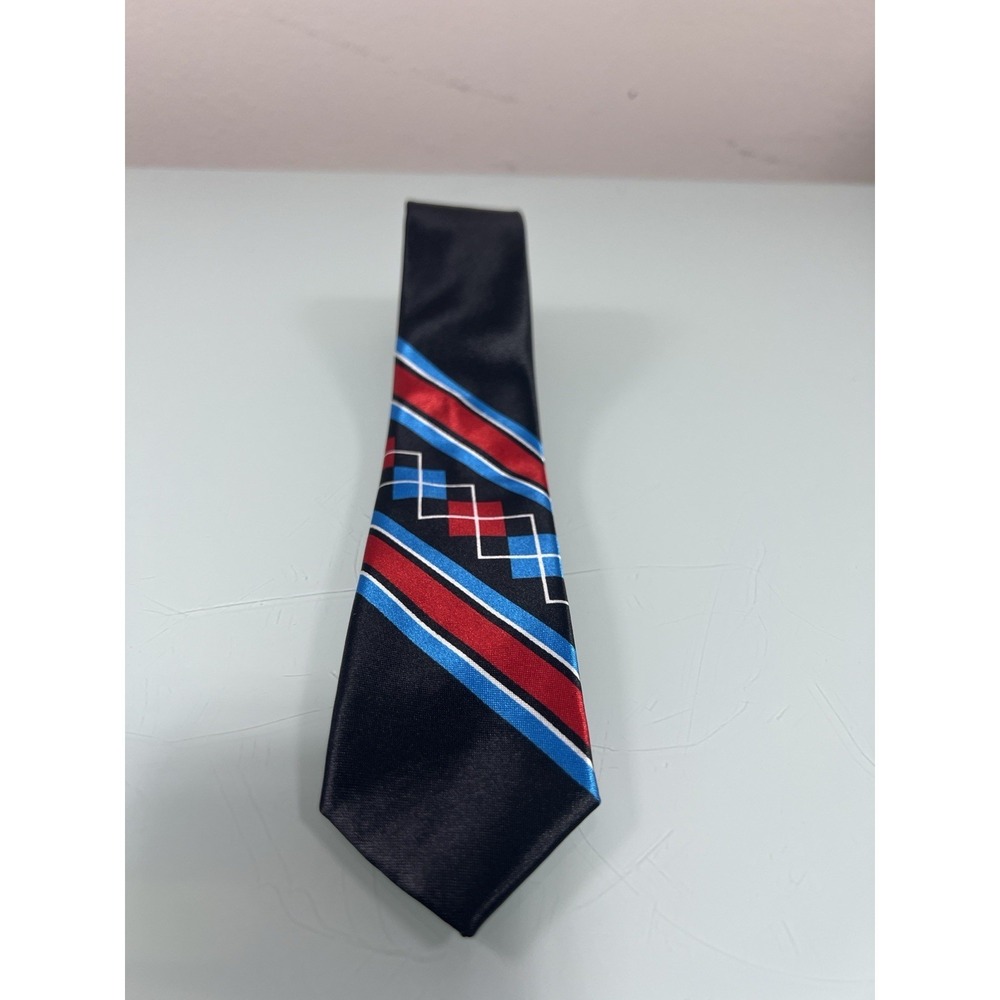 Retro 80s Geometric Tie Men's Thin Navy Red Blue Stripe Vintage Style - Picture 2 of 5